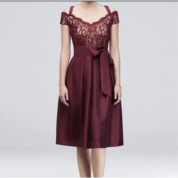R & M Richards Burgundy Off The Shoulder Short Taffeta Dress 4P wedding party - Picture 1 of 10